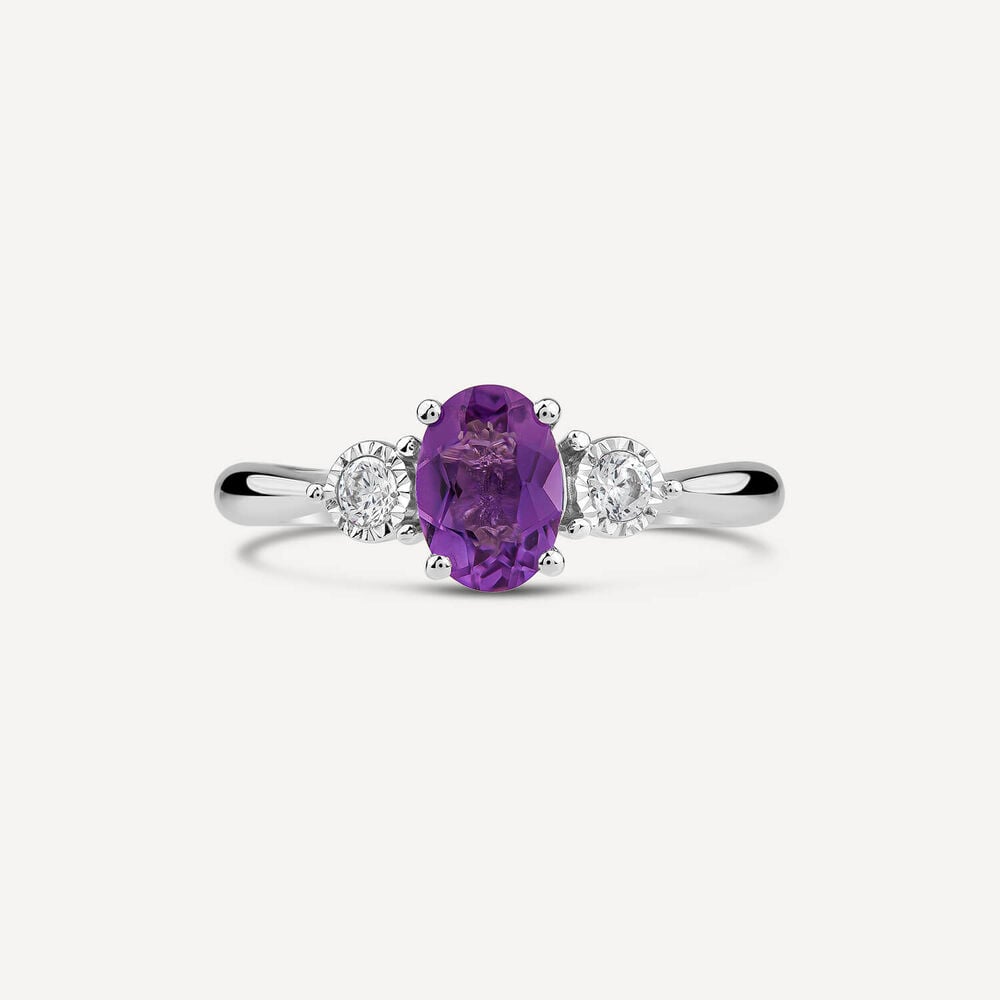 9ct White Gold Oval Amethyst 0.12ct Diamond Sides Ring
