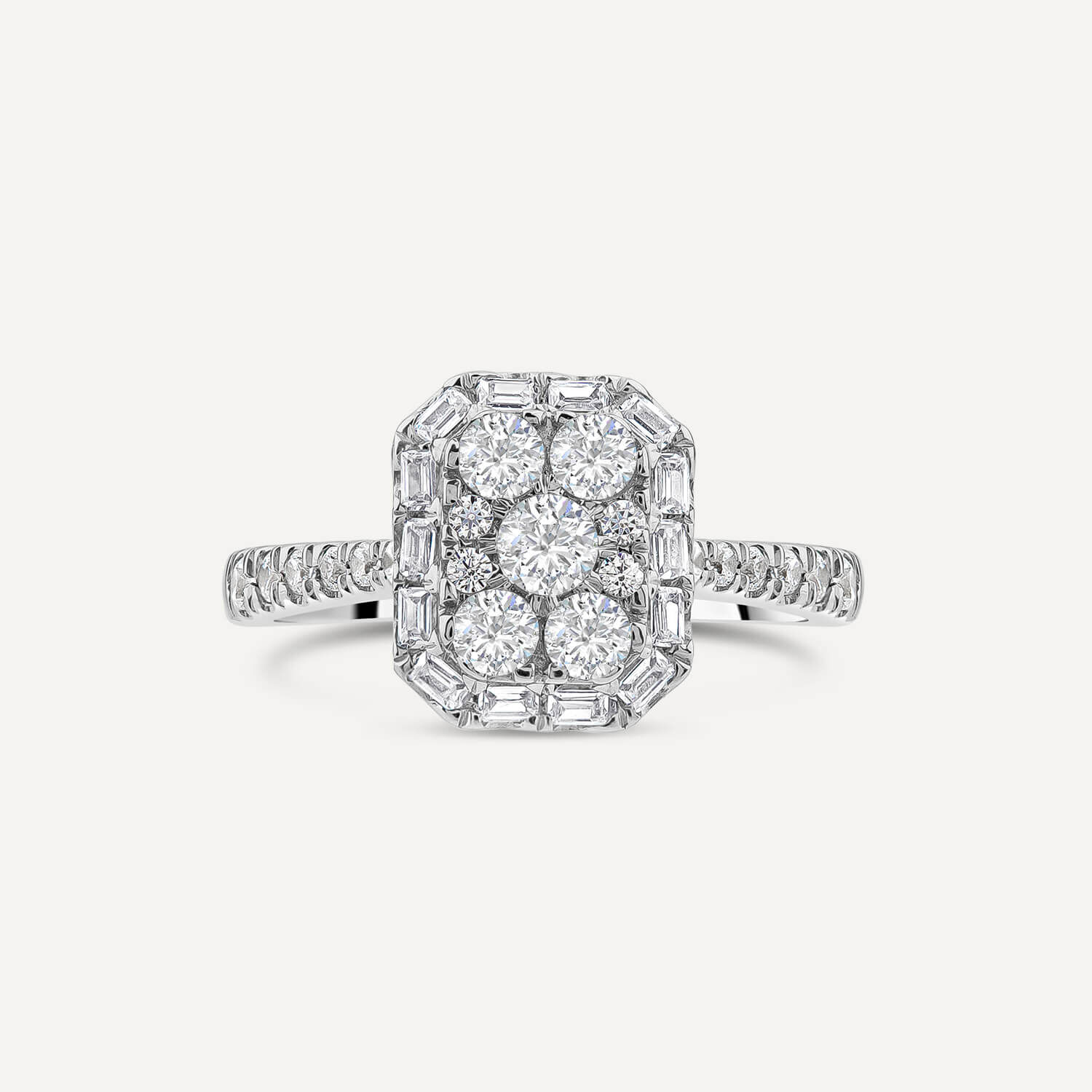 Platinum 0.75ct Rectangular Cluster Diamond Baguette Halo Shoulders Engagement Ring