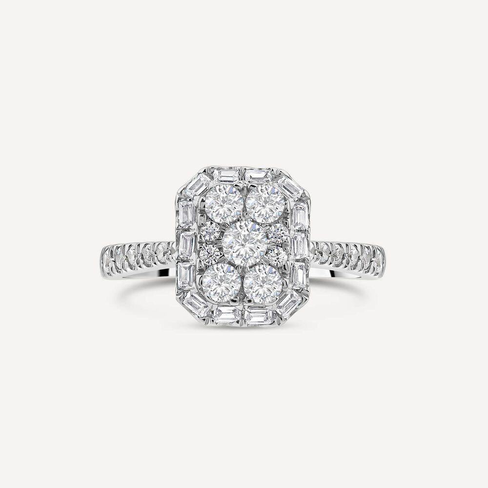 Platinum 0.75ct Rectangular Cluster Diamond Baguette Halo & Shoulders Engagement Ring