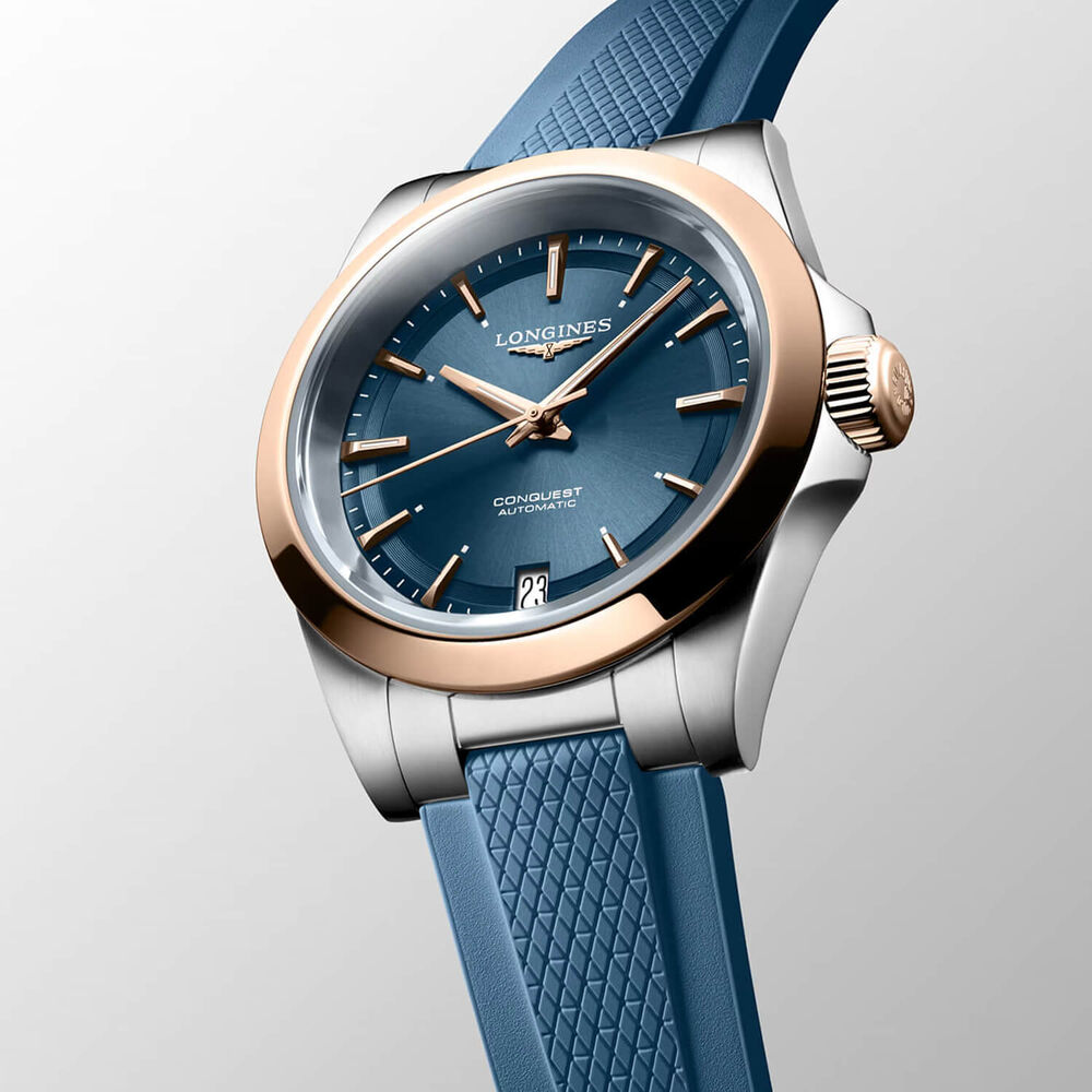 Longines Conquest 34mm Blue Dial Rose Gold Bezel Rubber Strap Watch image number 1