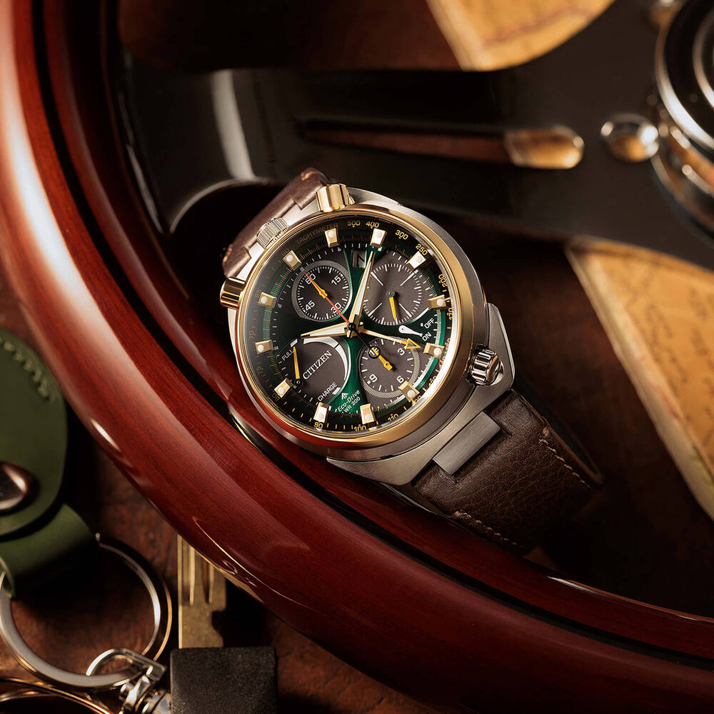 Citizen Promaster Bullhead Racing Chronograph 45mm Green Dial Brown Leather Strap Watch