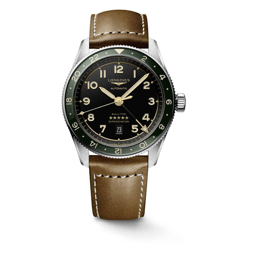Longines Avigation Spirit Zulu 42mm Automatic Black Dial Green Bezel Steel Case Brown Leather Strap Watch image number 0