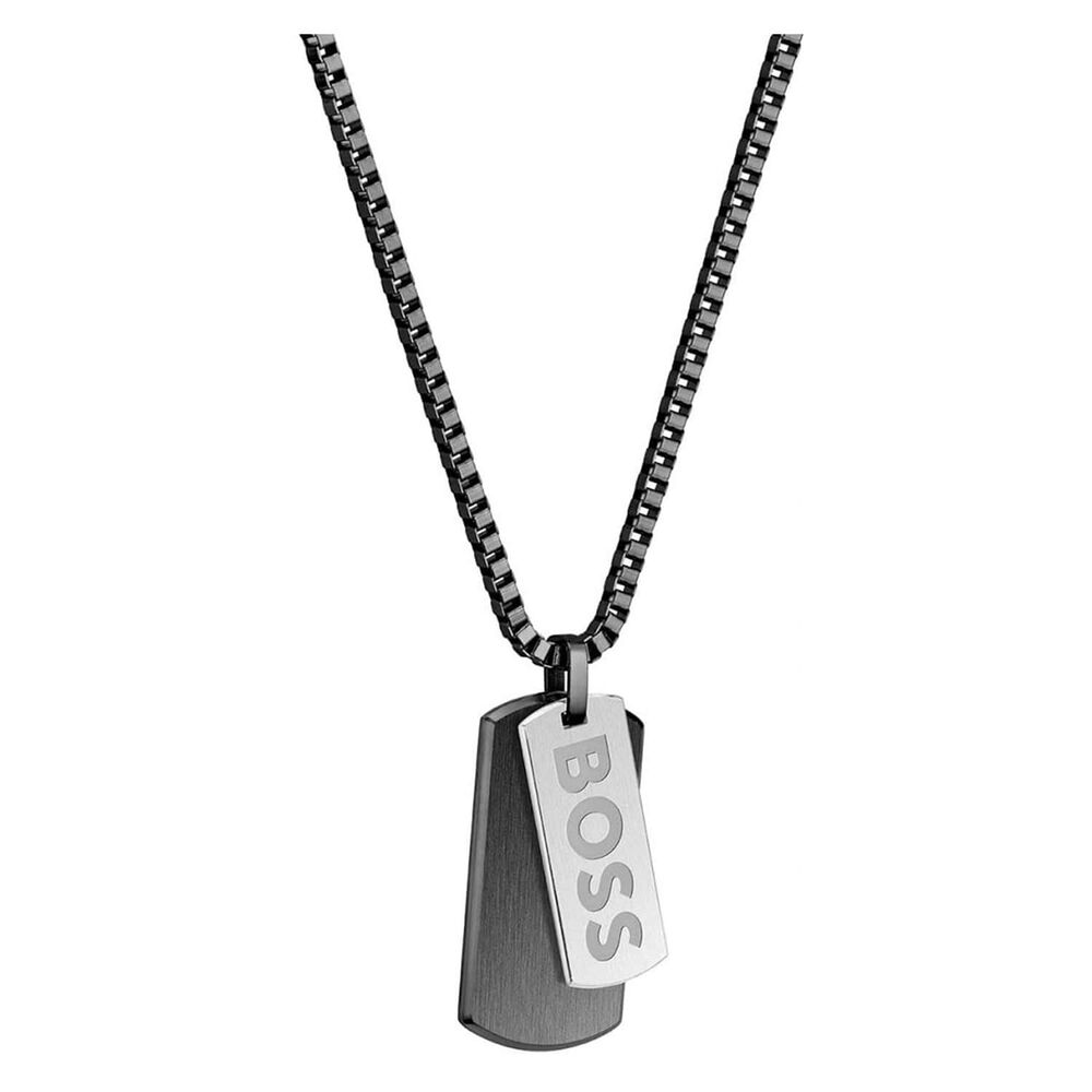 BOSS Devon Branded Double Tag Pendant Black IP Box Chain Steel Necklace