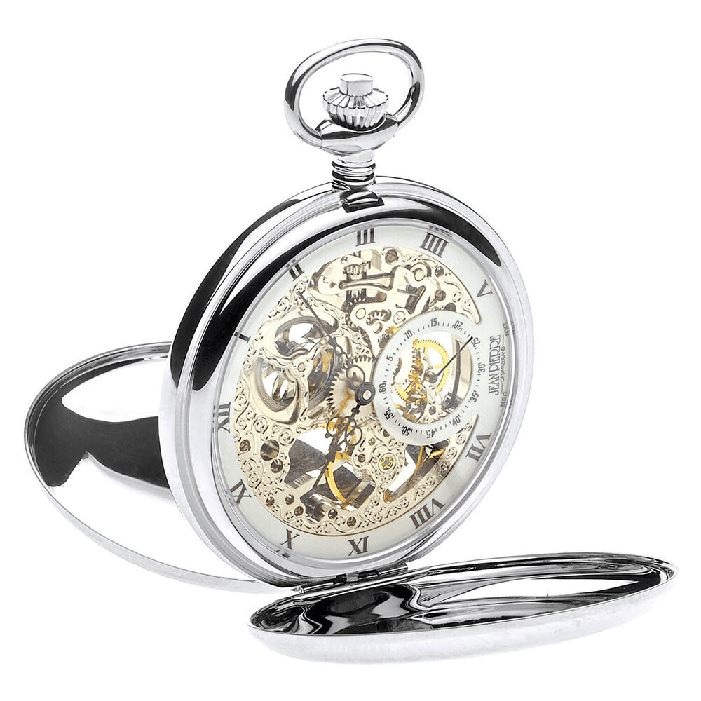 Jean Pierre Chrome Plated Double Hunter Mechanical Pocket Watch