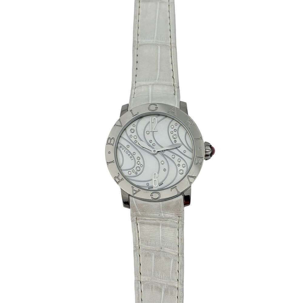 Pre-Owned Bvlgari 37mm Mother of Pearl Dial Diamonds White Leather Strap Watch