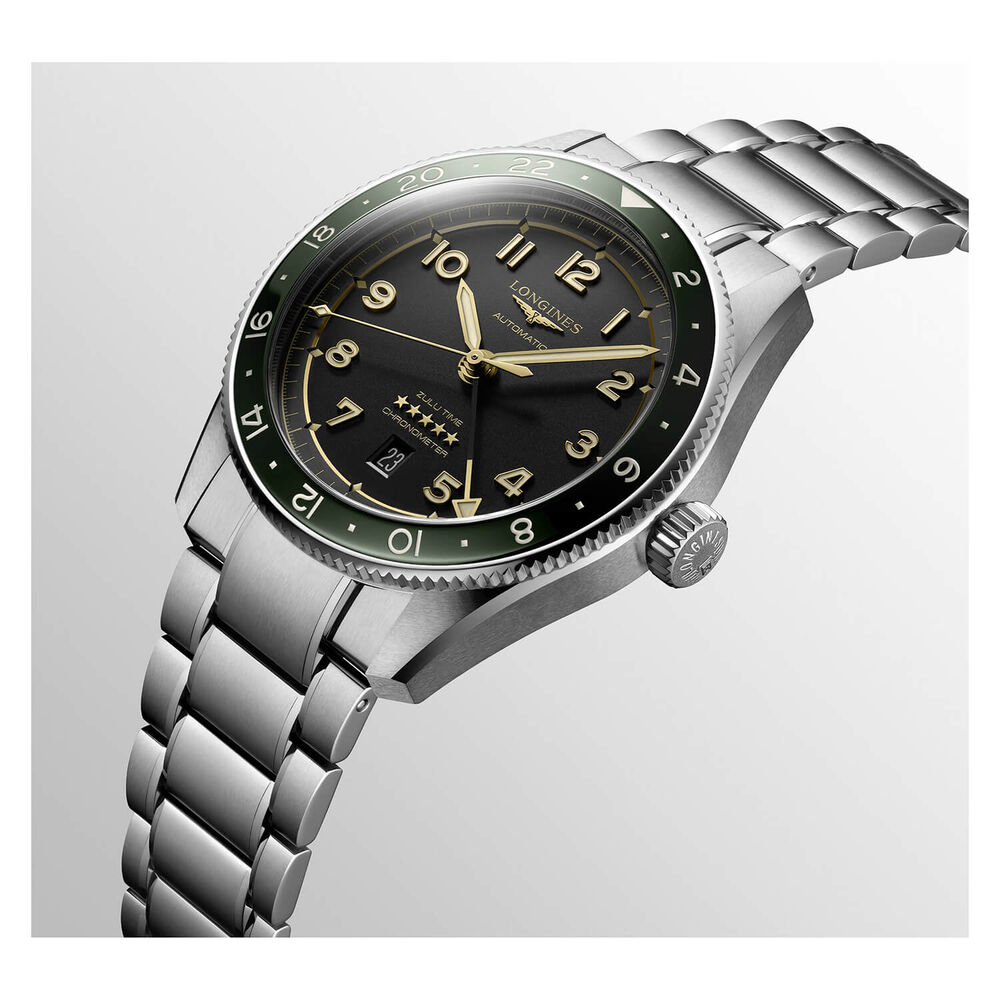 Longines Avigation Spirit Zulu 42mm Automatic Black Dial Green Bezel Steel Case Bracelet Watch image number 3