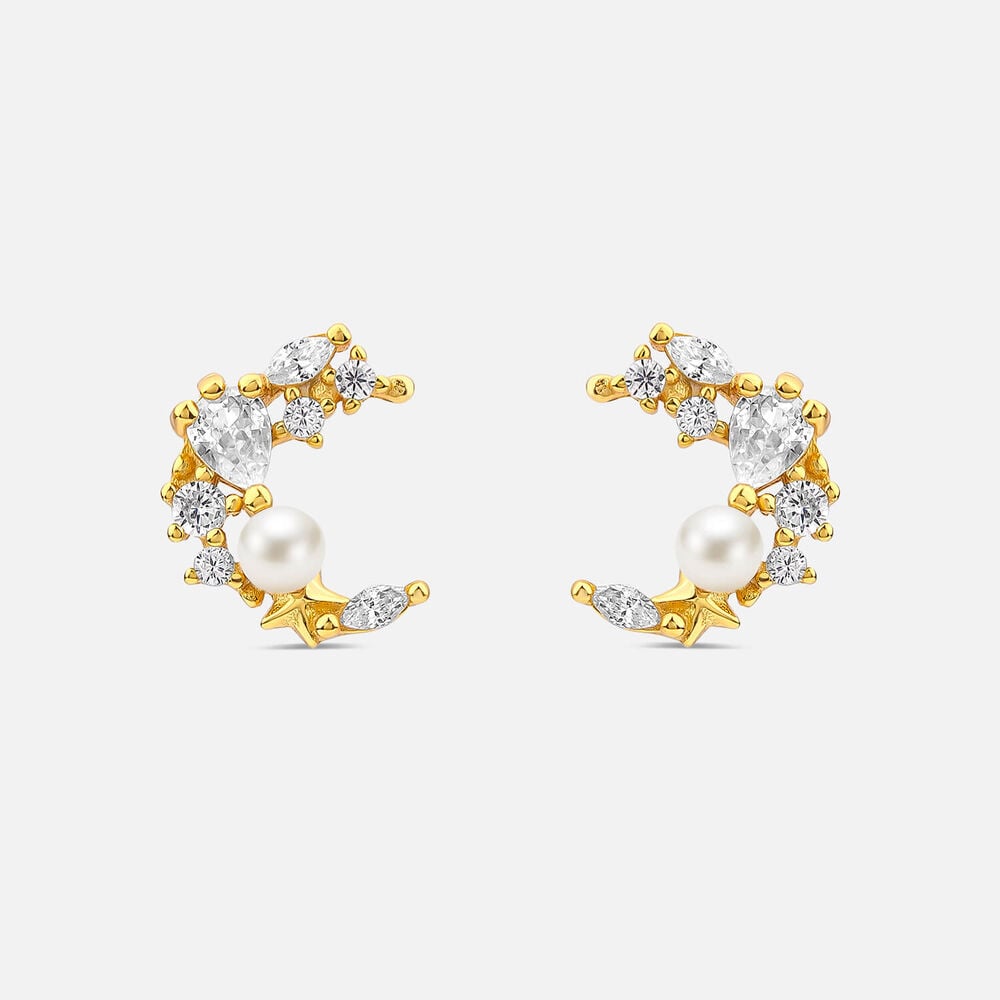 Yellow Gold Plated Vermeil Sterling Silver Cubic Zirconia & Pearl Half Moon Earrings