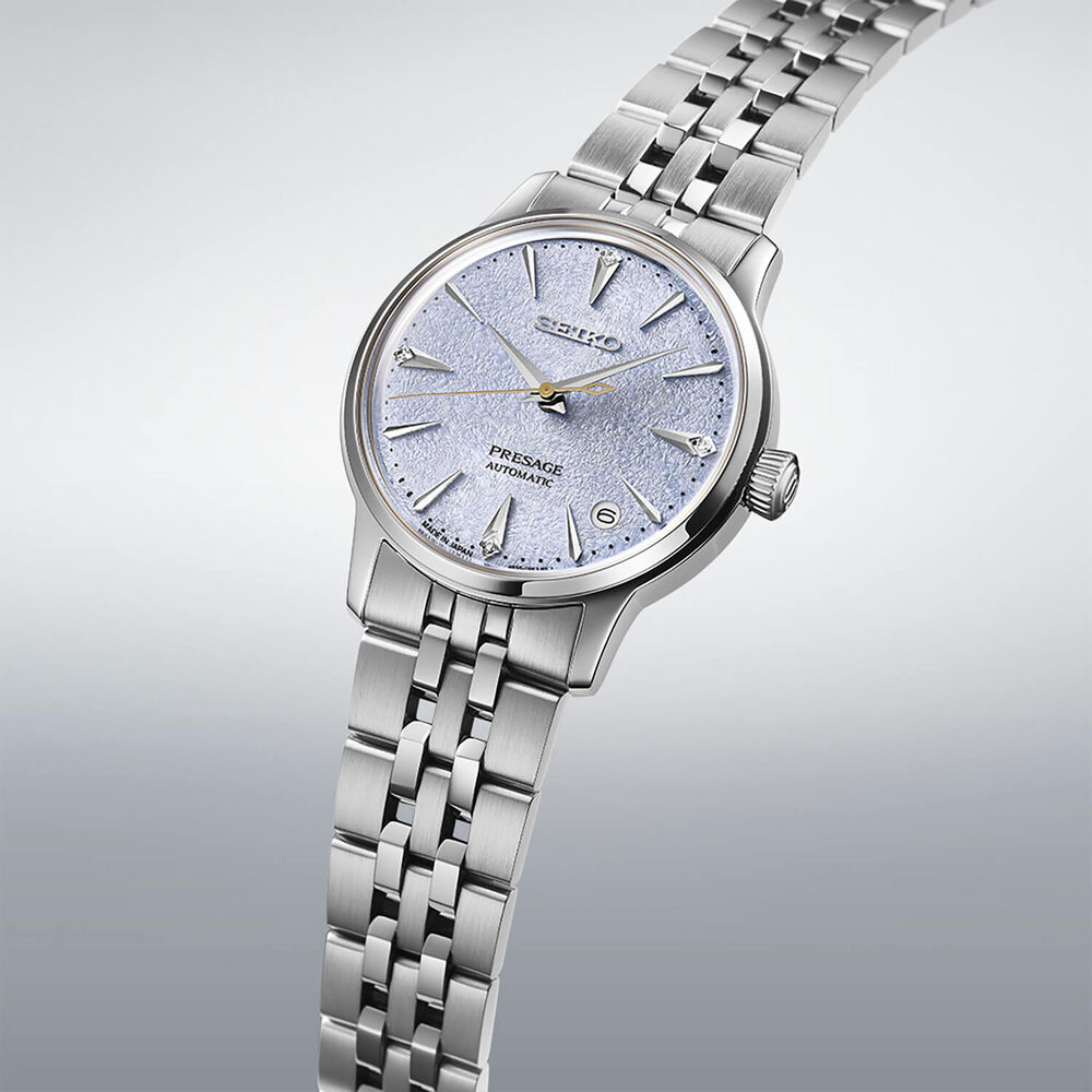 Seiko Presage 'Frozen Skydiving' Diamond Cocktail Time 34mm Blue Dial Steel Bracelet Watch image number 2
