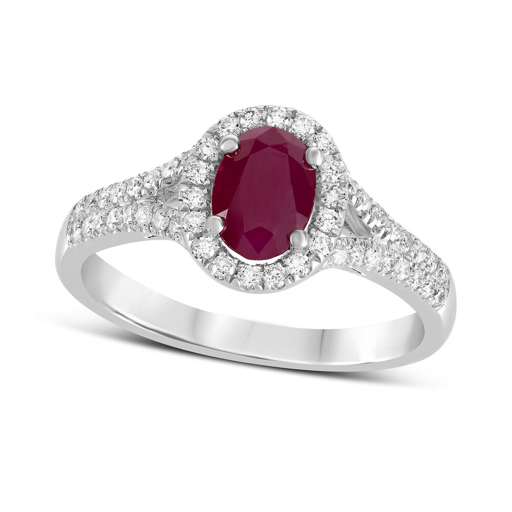 18ct White Gold Ruby and 0.33ct Diamond Split Shoulder Ring