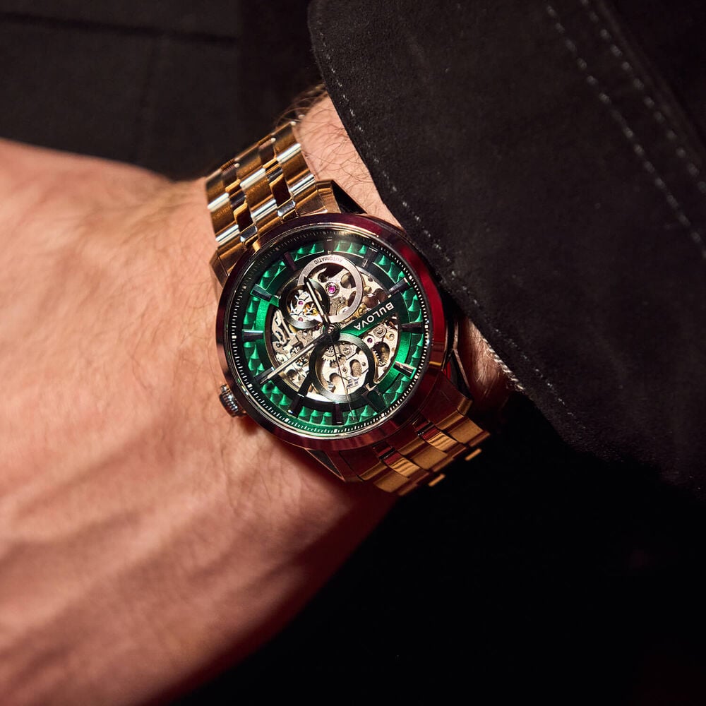 Bulova Sutton Automatic 43mm Green Skeleton Dial Steel Bracelet Watch image number 6
