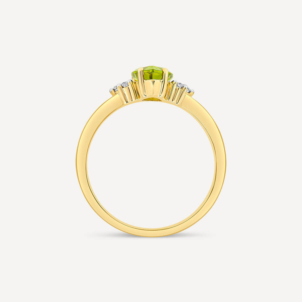 9ct Yellow Gold Pear Peridot & Trefoil 0.05ct Diamond Ring image number 3