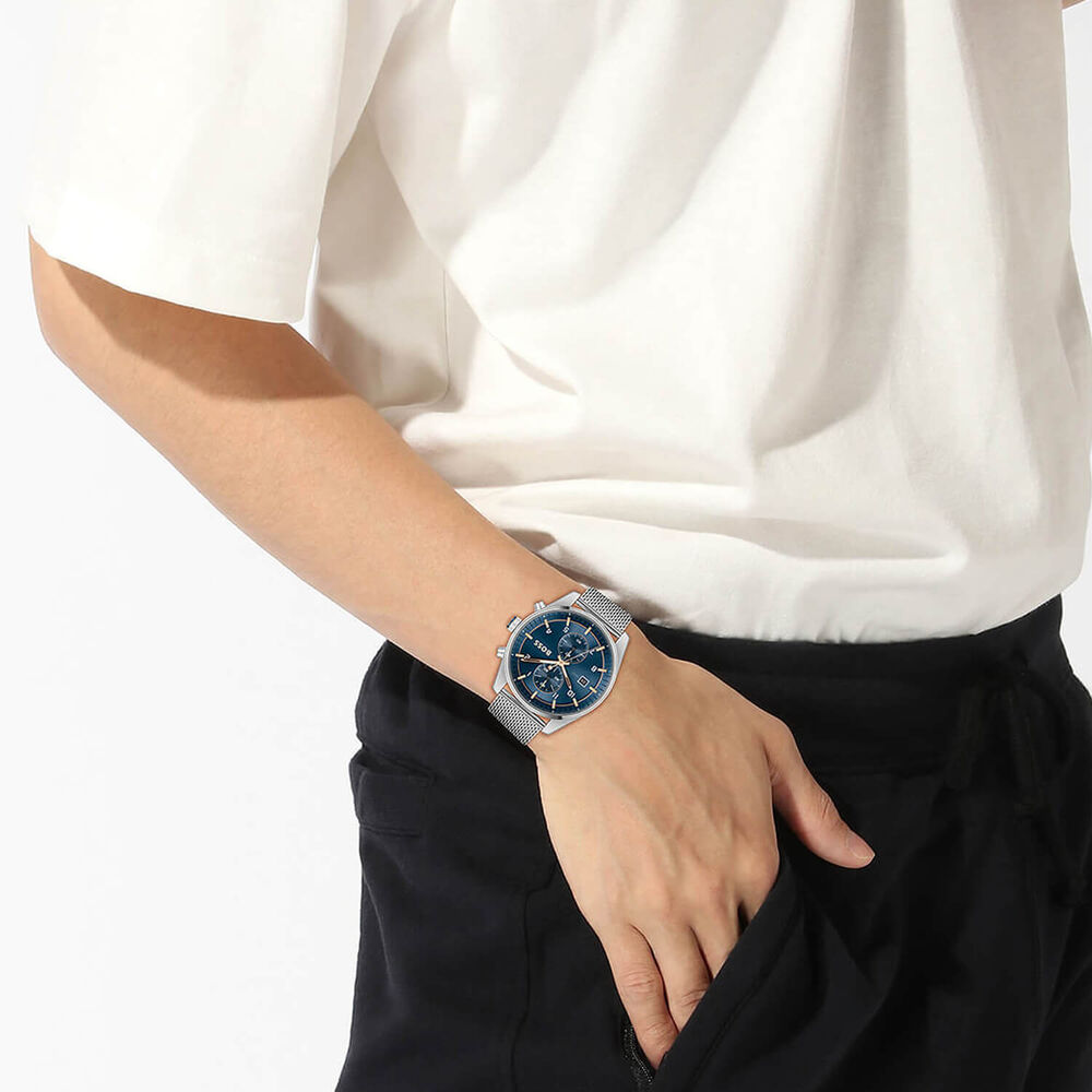 BOSS Skytraveller Chronograph 44mm Blue Dial Steel Mesh Bracelet Watch image number 3
