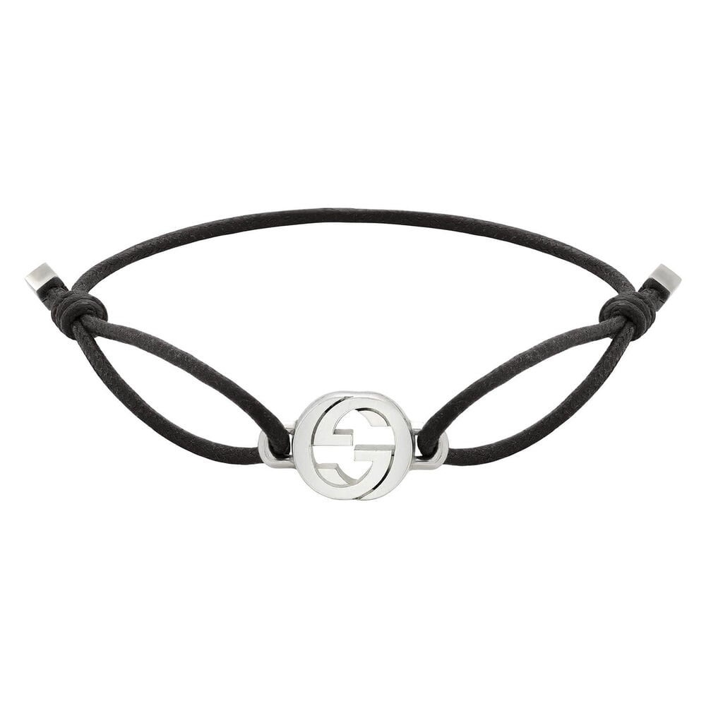 Gucci Interlocking G Sterling Silver Charm Black Cotton Cord Bracelet