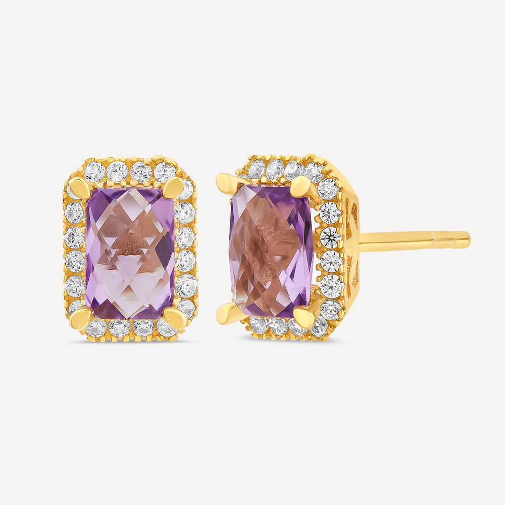 9ct Yellow Gold Rectangular Amethyst & Cubic Zirconia Frame Stud Earrings image number 1