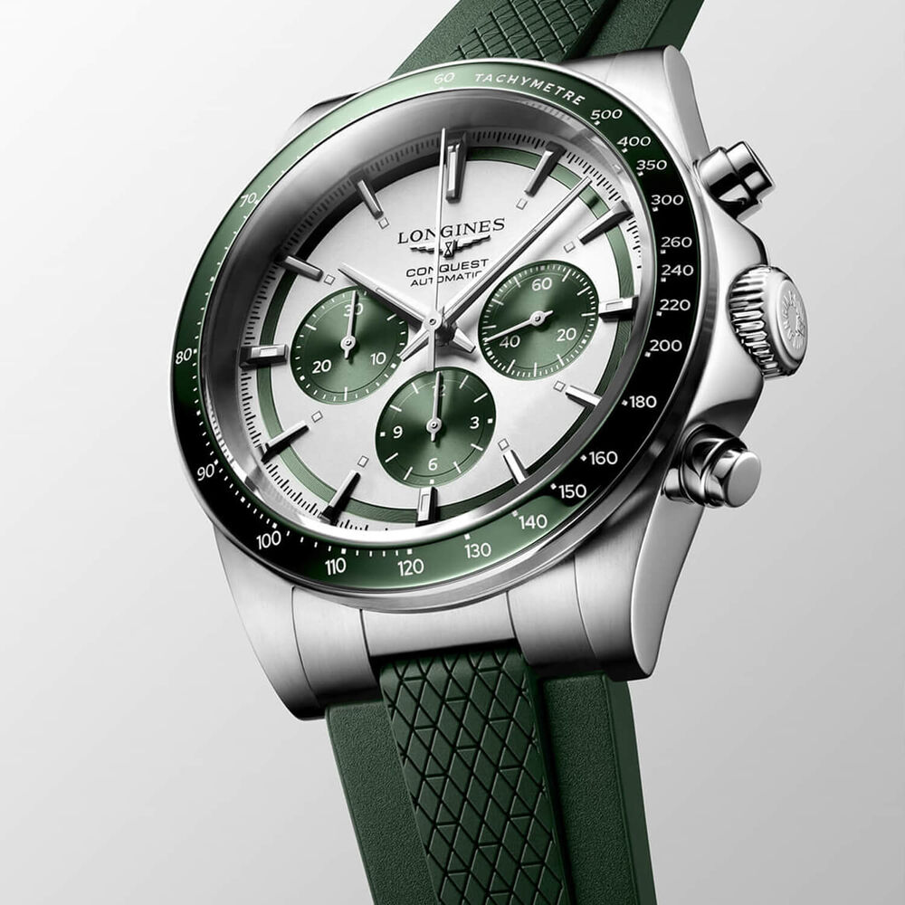 Longines Conquest Chronograph 42mm Silver Dial Green Rubber Strap Watch image number 1