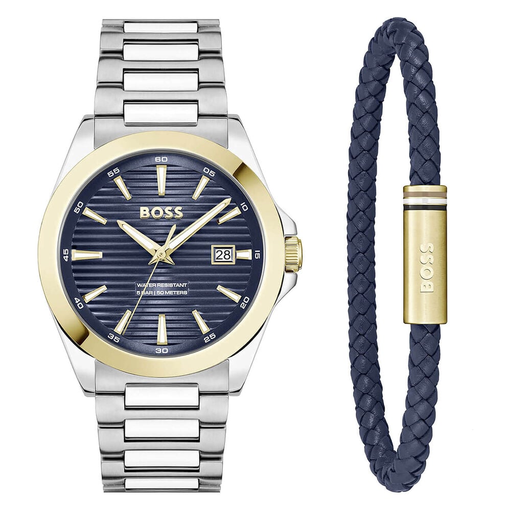 BOSS Strike 41mm Blue Dial Steel Bracelet Watch & Blue Leather Bracelet Set image number 1