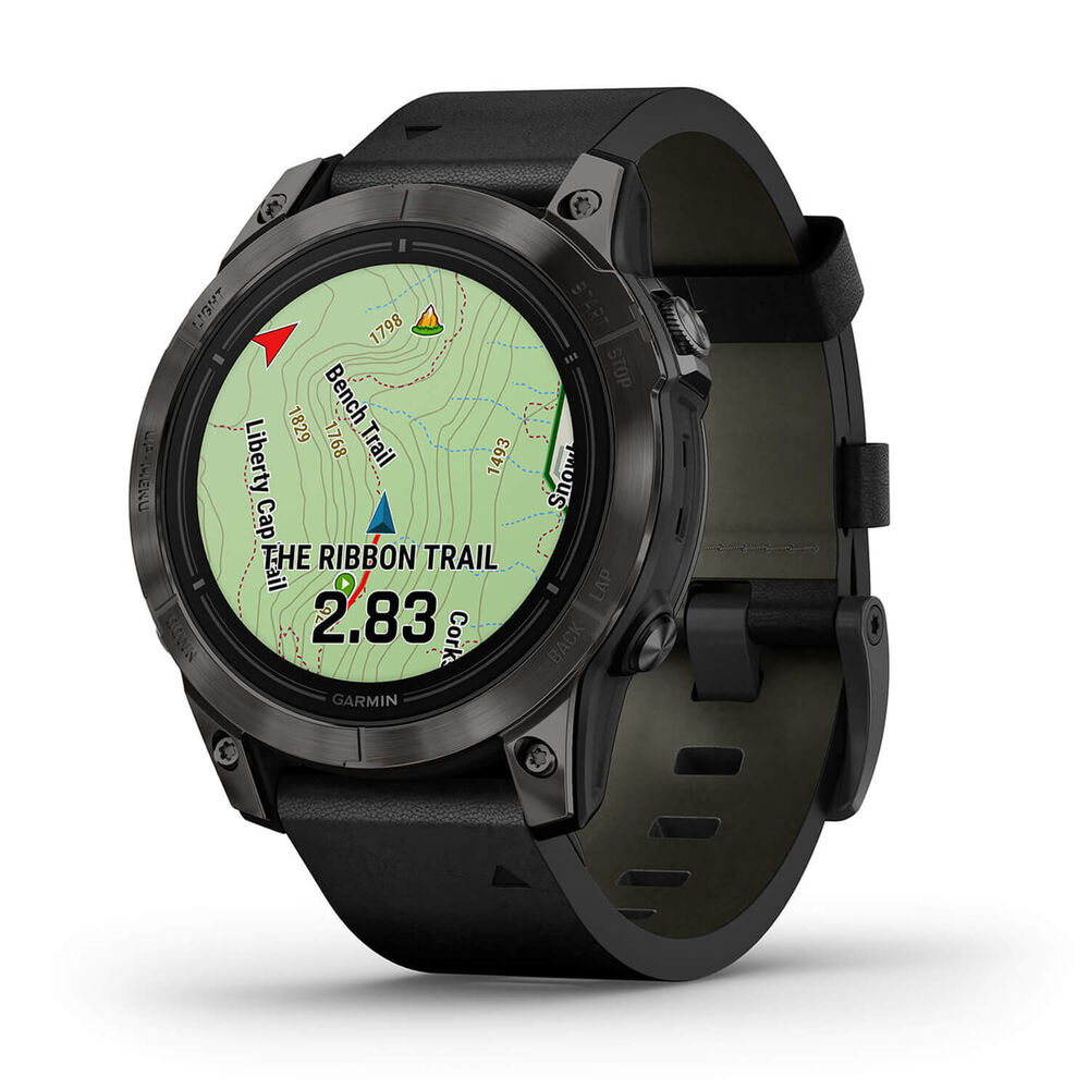 Garmin Epix Pro Gen 2 Sapphire 47mm Carbon Grey DLC Titanium Case Black Leather Strap Watch image number 1