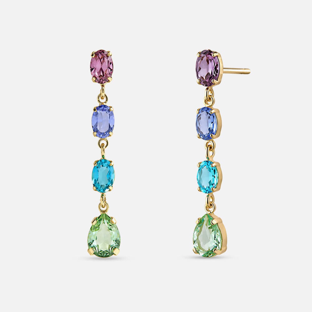 Yellow Gold Plated Sterling Silver Multi Colour Oval Cubic Zirconia Drop Earrings