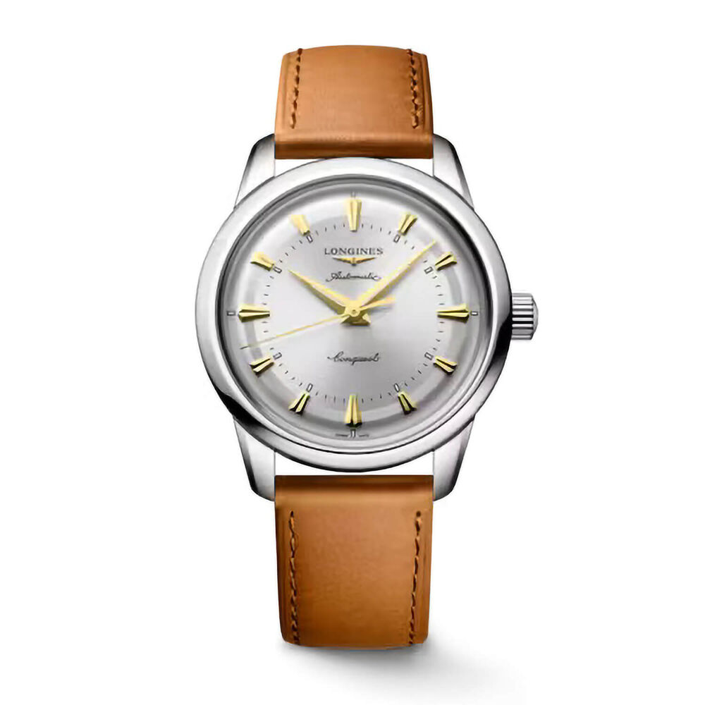 Longines Conquest Heritage 38mm Silver Dial Brown Leather Strap Watch