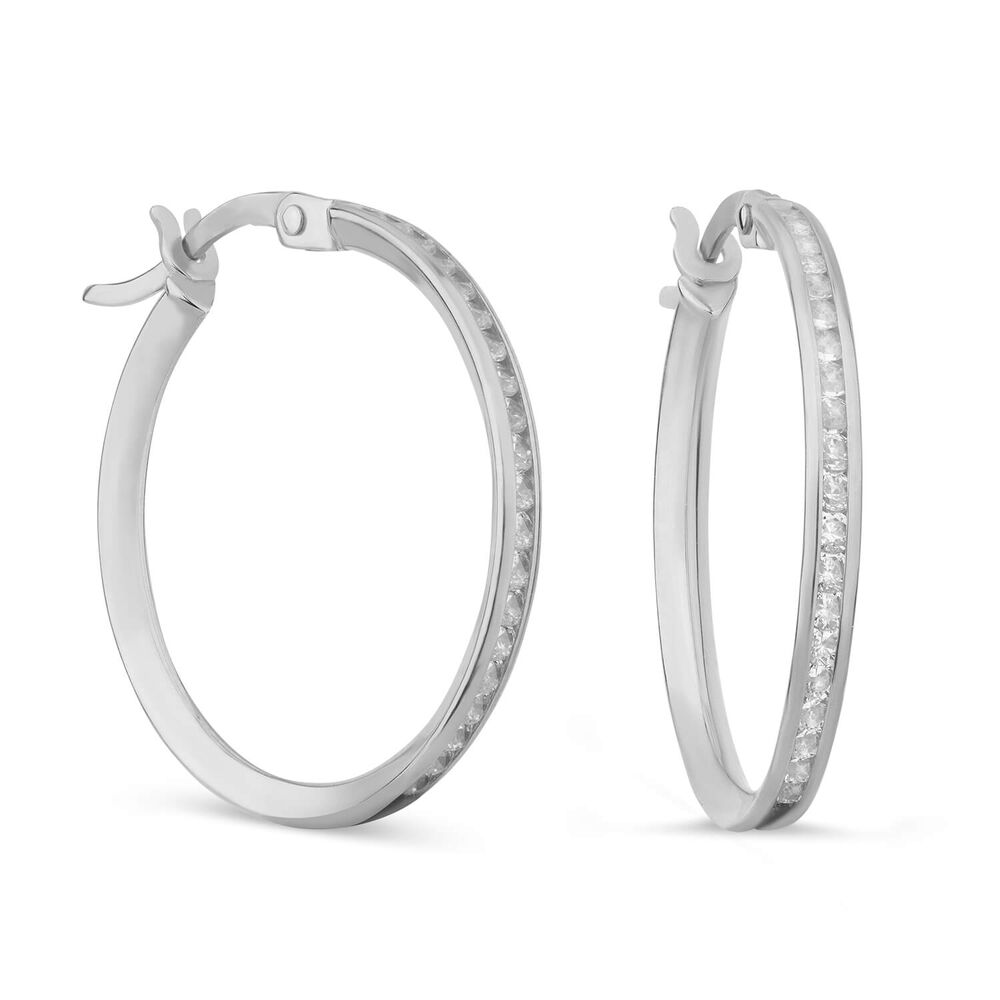 9ct White Gold Cubic Zirconia Hoop Earrings image number 1