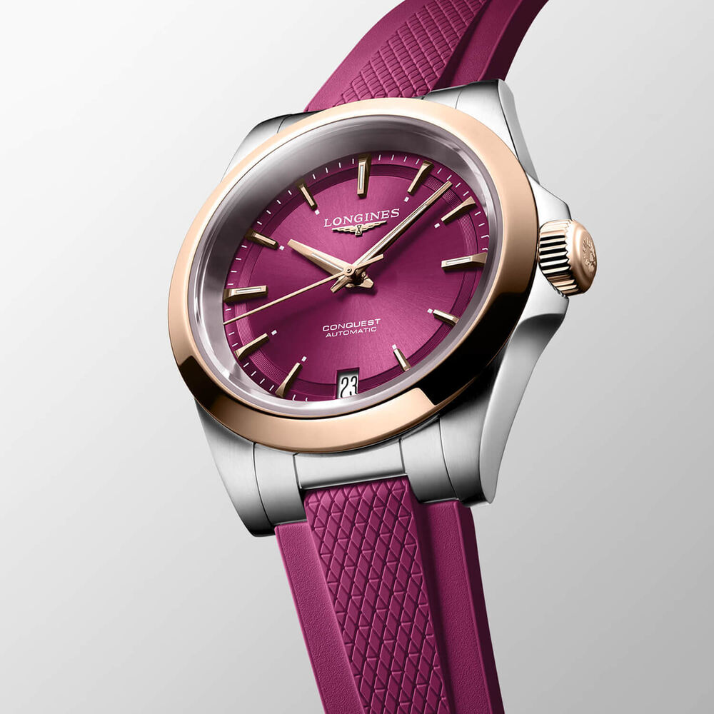 Longines Conquest 34mm Purple Dial Pink Gold Case Rubber Strap Watch image number 1