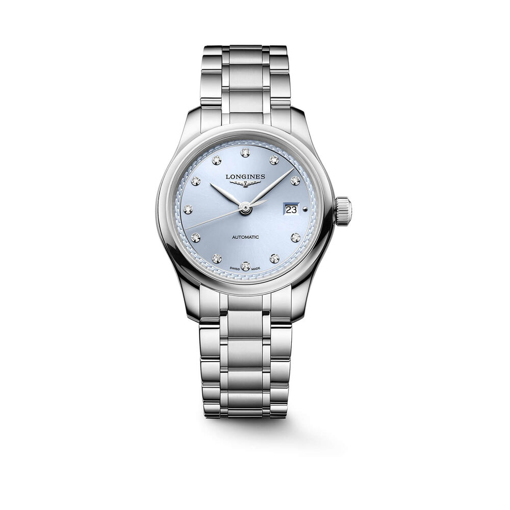 Longines Master Collection 30mm Frosted Blue Sunray Dial Diamond Dots Steel Bracelet Watch