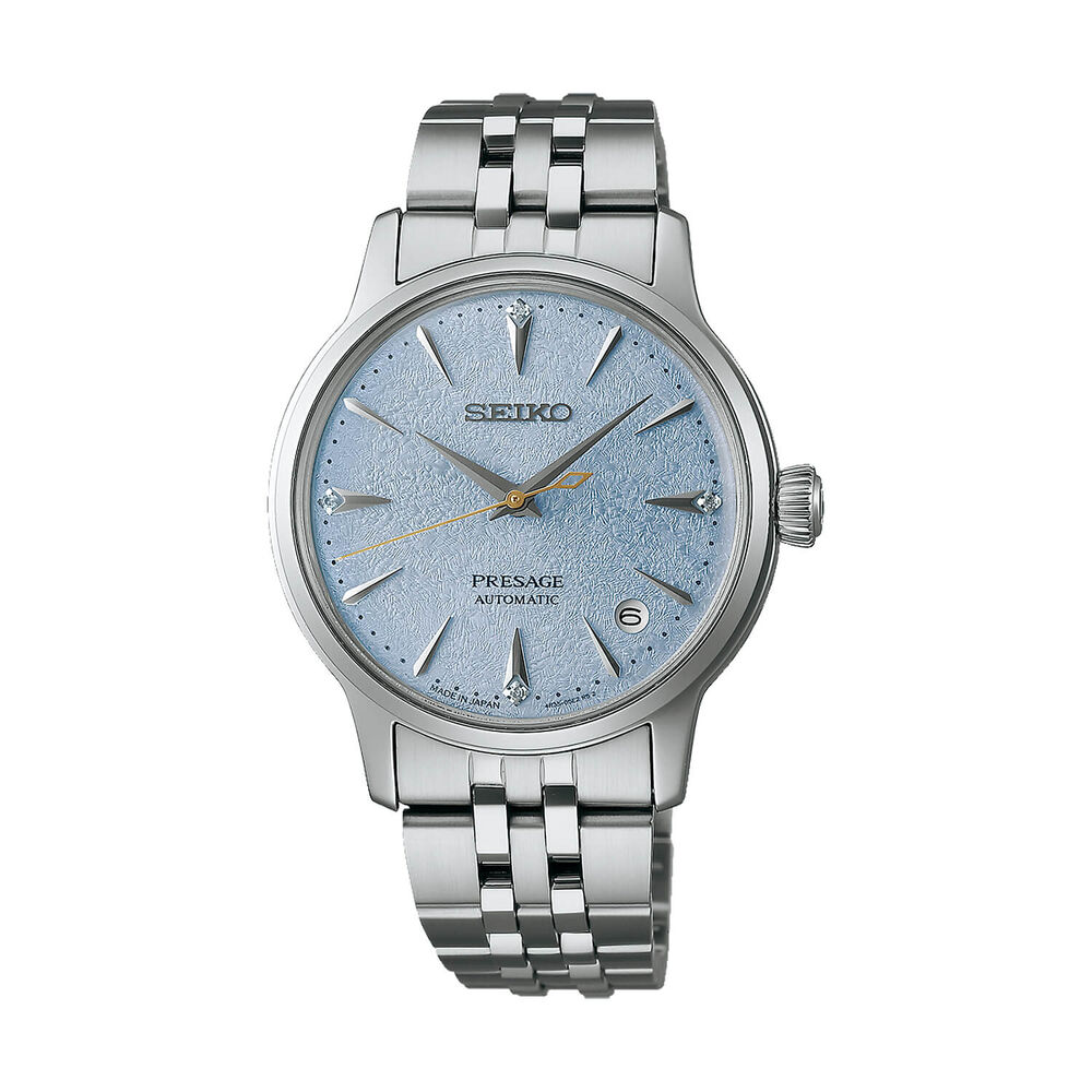 Seiko Presage 'Frozen Skydiving' Diamond Cocktail Time 34mm Blue Dial Steel Bracelet Watch