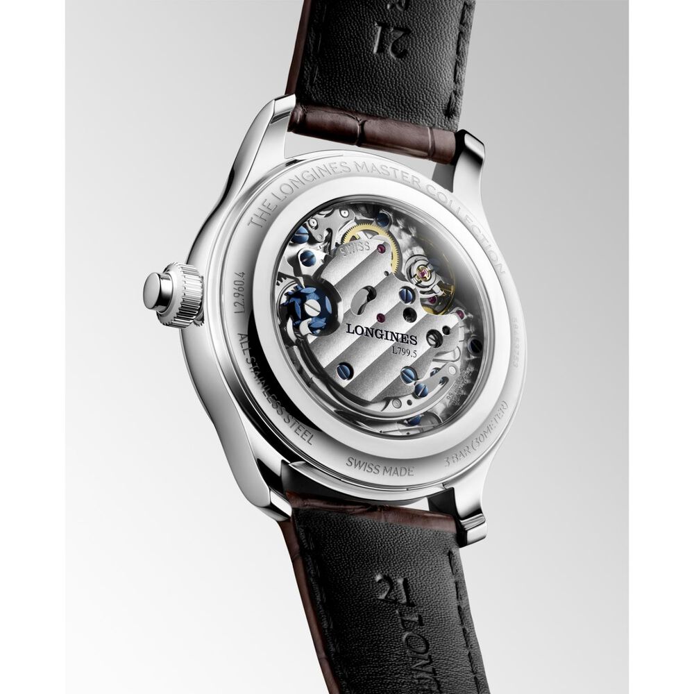 Longines Master Collection Chrono Moonphase 41mm Silver Barleycorn Dial Leather Strap Watch