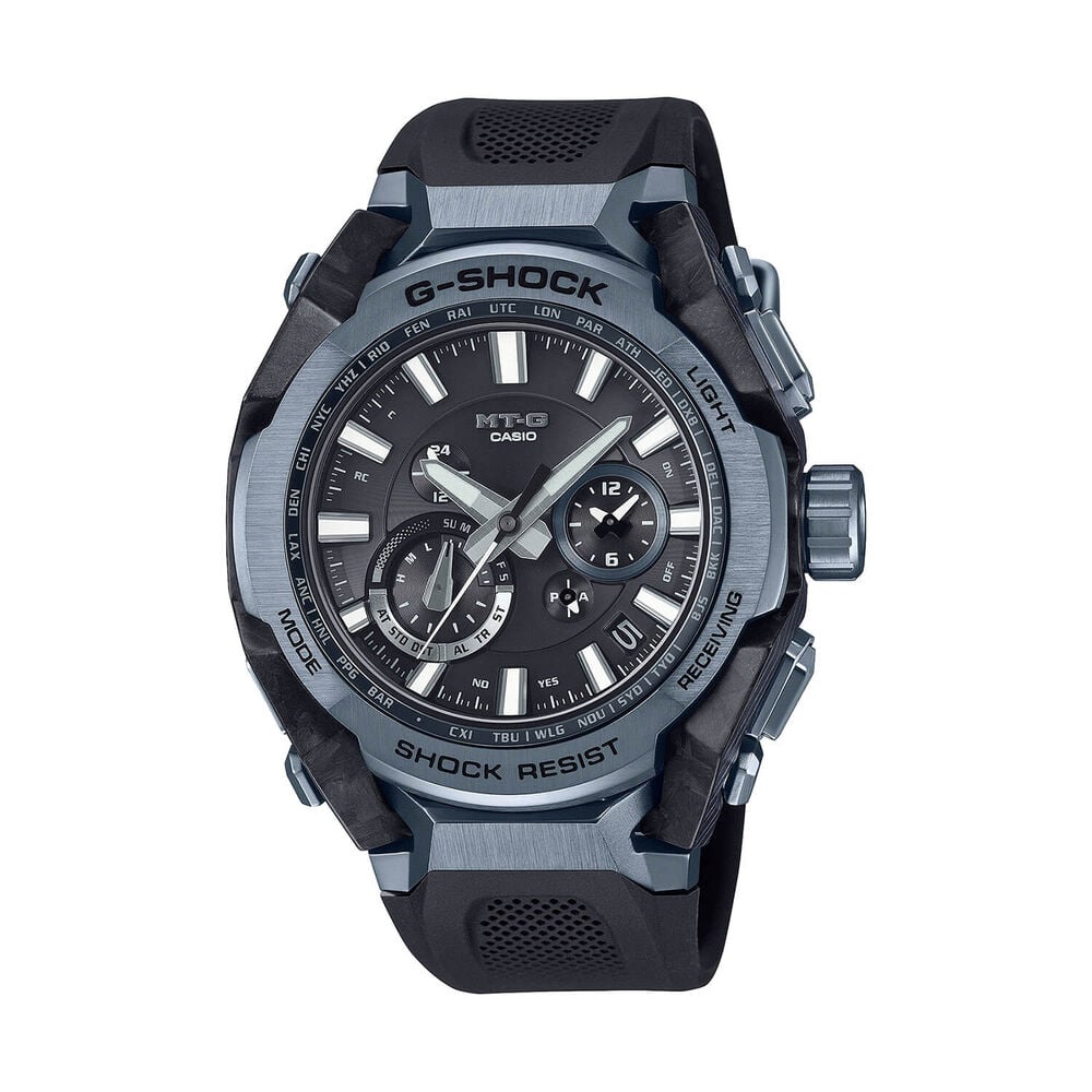 G-SHOCK MT-G 56.6mm Black Dial Blue Ion Plated Bezel Resin Strap Watch image number 0