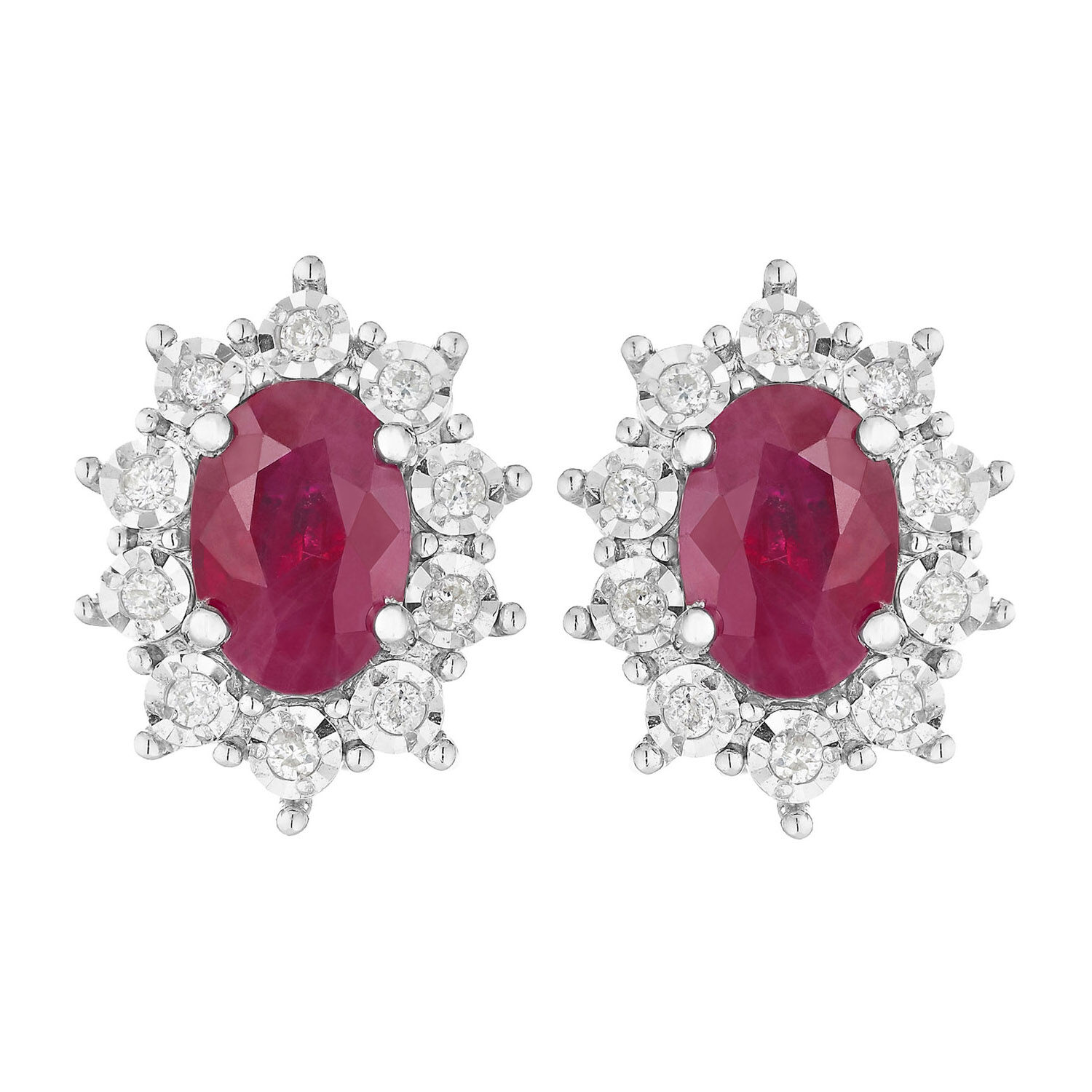 9ct White Gold Ruby And Diamond Oval Stud Earrings
