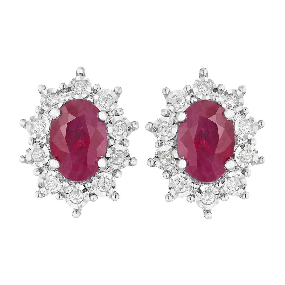 9ct white gold ruby and diamond oval stud earrings image number 0