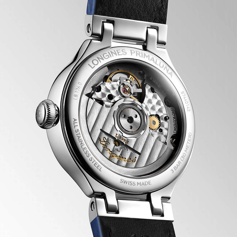 Longines Elegance Primaluna 34mm Blue MOP Dial Diamond Dot & Sapphire Bezel Leather Strap Watch image number 4