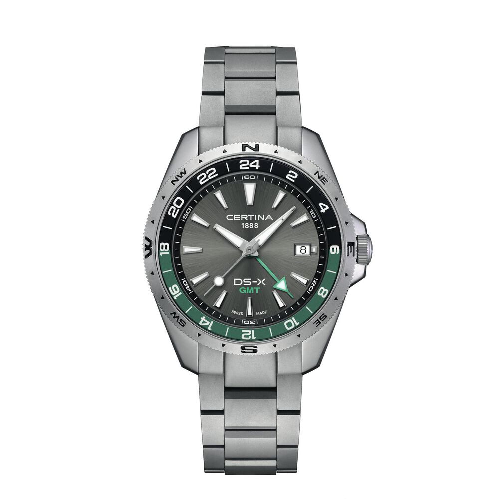 Certina DS-X GMT 41mm Grey Dial Black & Green Bezel Stainless Steel Bracelet Watch