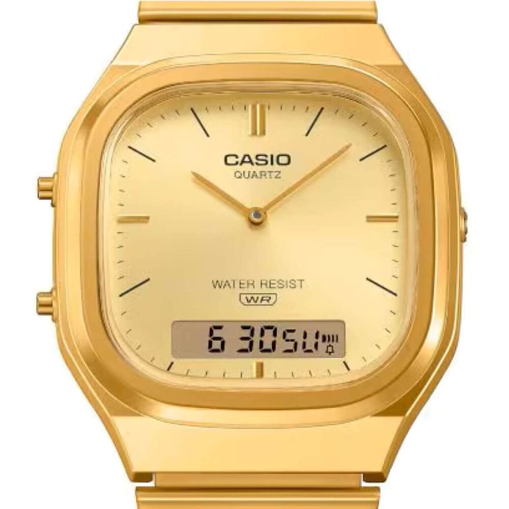 Casio Vintage 40.9x35.8mm Gold Dial Dual Display Gold Tone Stainless Steel Bracelet Watch