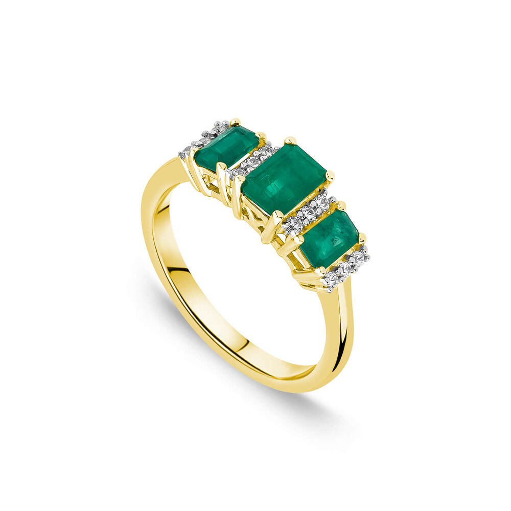 9ct Yellow Gold Three Stone Emerald & 0.12ct Diamond Sections Ring image number 0