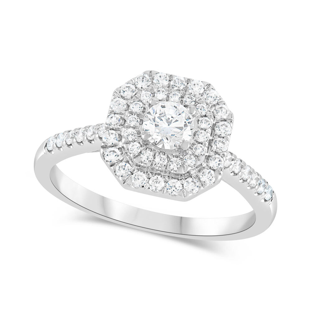 18ct White Gold 0.61ct Round Diamond Double Hexagonal Halo and Shoulders Ring image number 0