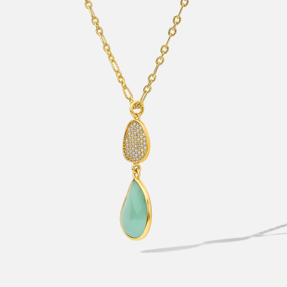 Yellow Gold Plated Sterling Silver Pave Cubic Zirconia & Green Teardrop Pendant