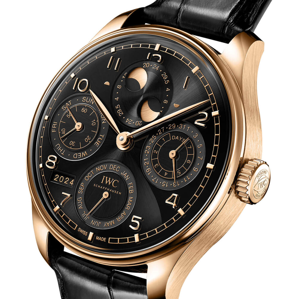 IWC Schaffhausen Portugieser Perpetual Calendar 44 Obsidian Dial Black Leather Strap Watch image number 1