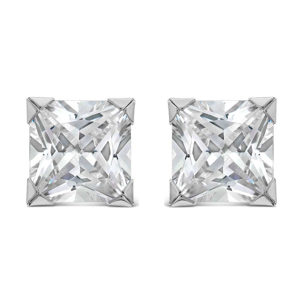 9ct White Gold 8MM Princess Cut Cubic Zirconia Stud Earrings image number 0