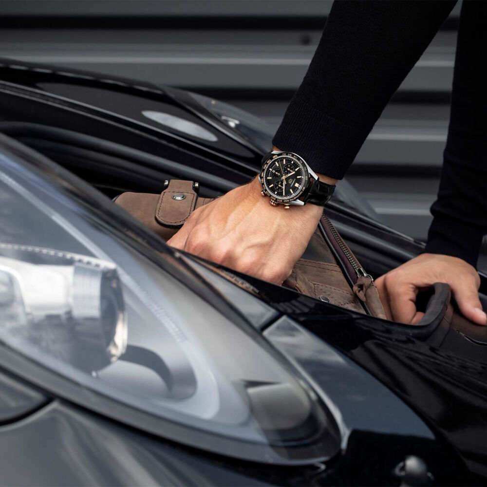 TAG Heuer Carrera 44mm Black Chrono Yellow Gold Detal Steel Case Watch image number 5