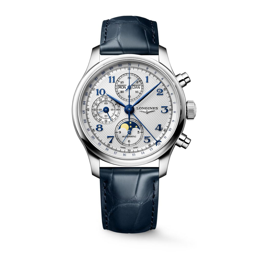 Longines Master Collection Chrono Monopusher 41mm Blue Barleycorn Dial Leather Strap Watch