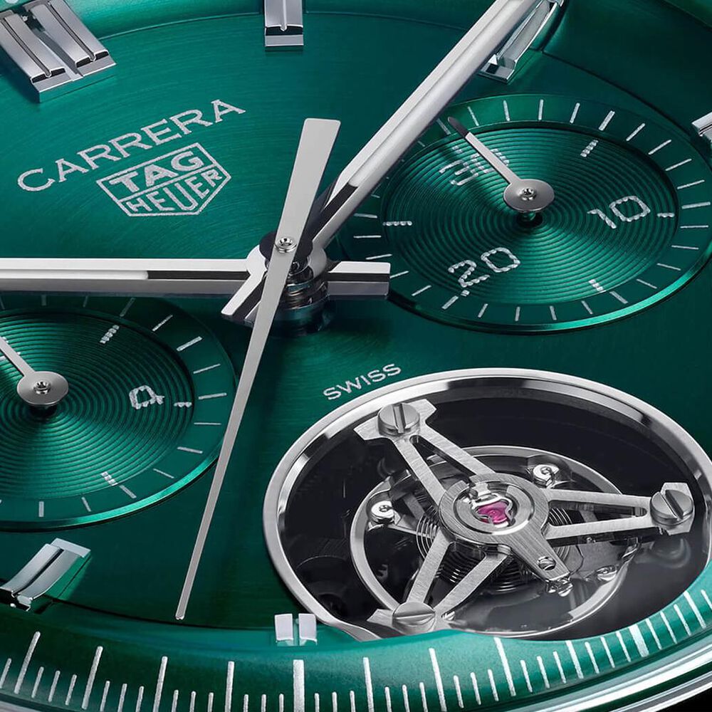 TAG Heuer Carrera Chronograph Tourbillon 42mm Green Dial Black Leather Strap Watch image number 2