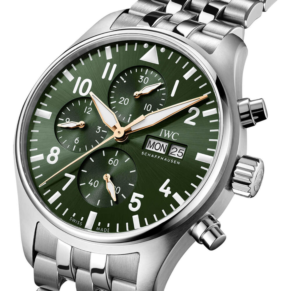 IWC Schaffhausen Pilot's Chronograph 43mm Green Dial Steel Bracelet Watch