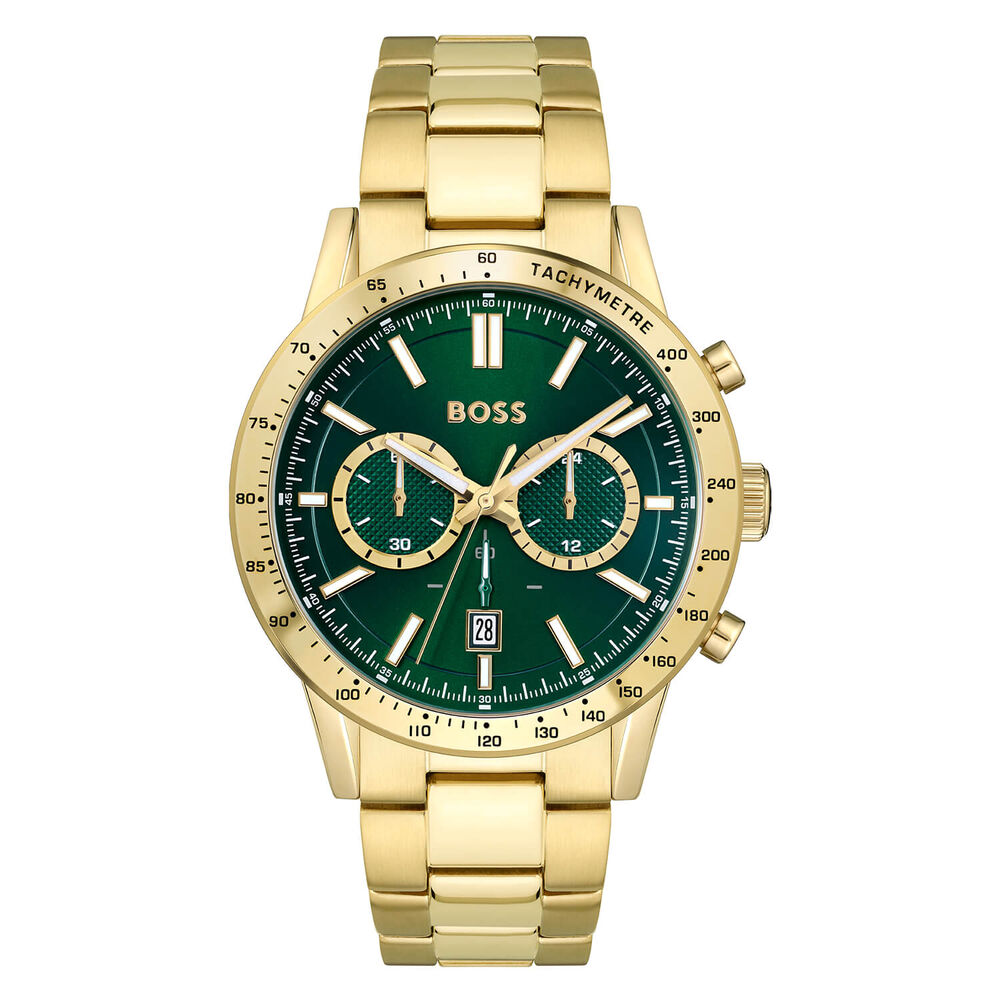 BOSS Allure Chronograph 44mm Quartz Green Dial Yellow Gold IP Case Bracelet Watch