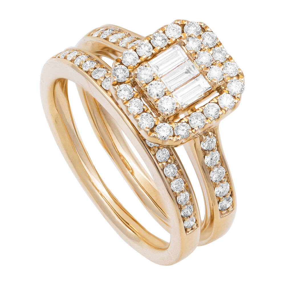 9ct gold 0.63 carat ladies baguette round diamond halo bridal set