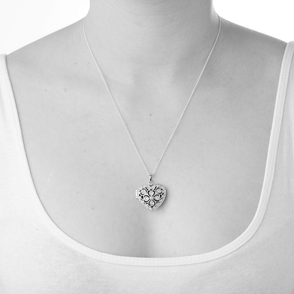 Sterling Silver Cubic Zirconia Antique-style Heart Locket (Chain Included) image number 3