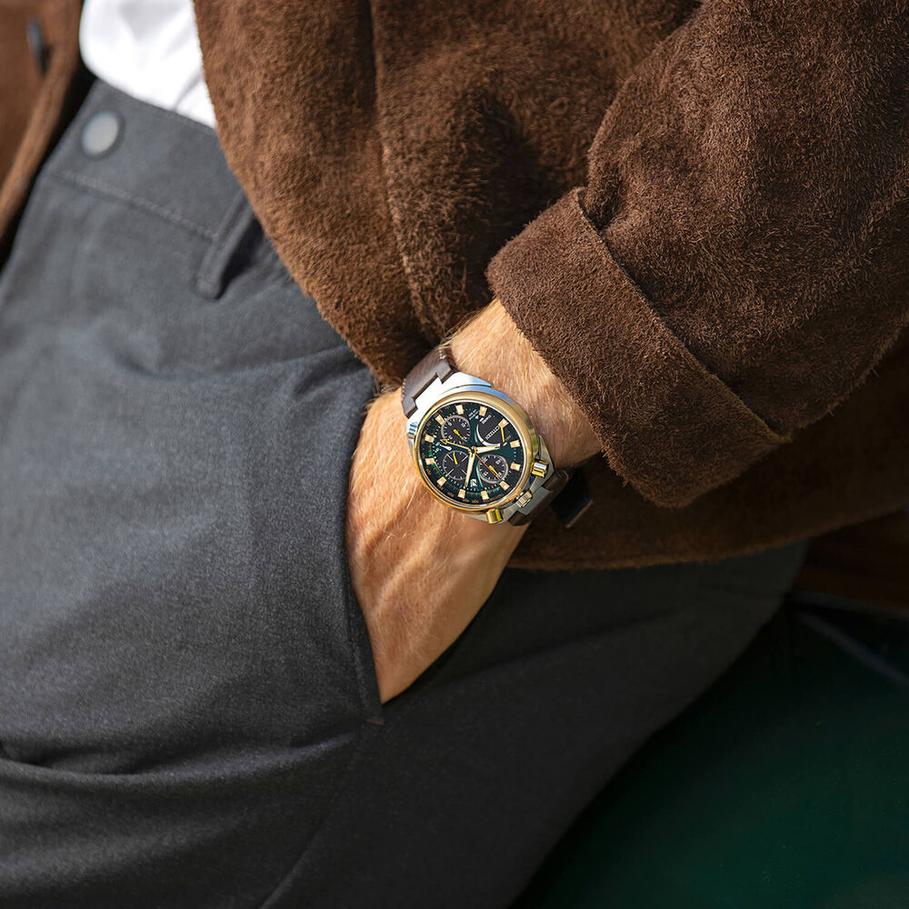 Citizen Promaster Bullhead Racing Chronograph 45mm Green Dial Brown Leather Strap Watch