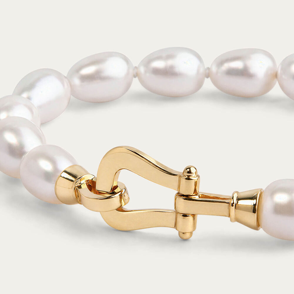 Sterling Silver Oval Freshwater Pearl Yellow Gold Plated Stirrup Clasp Bracelet