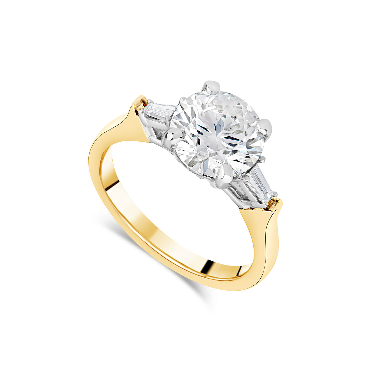 18ct Gold 1.98ct Lab Round Solitaire & Baguette Diamond Sides Ring Ladies Size: N