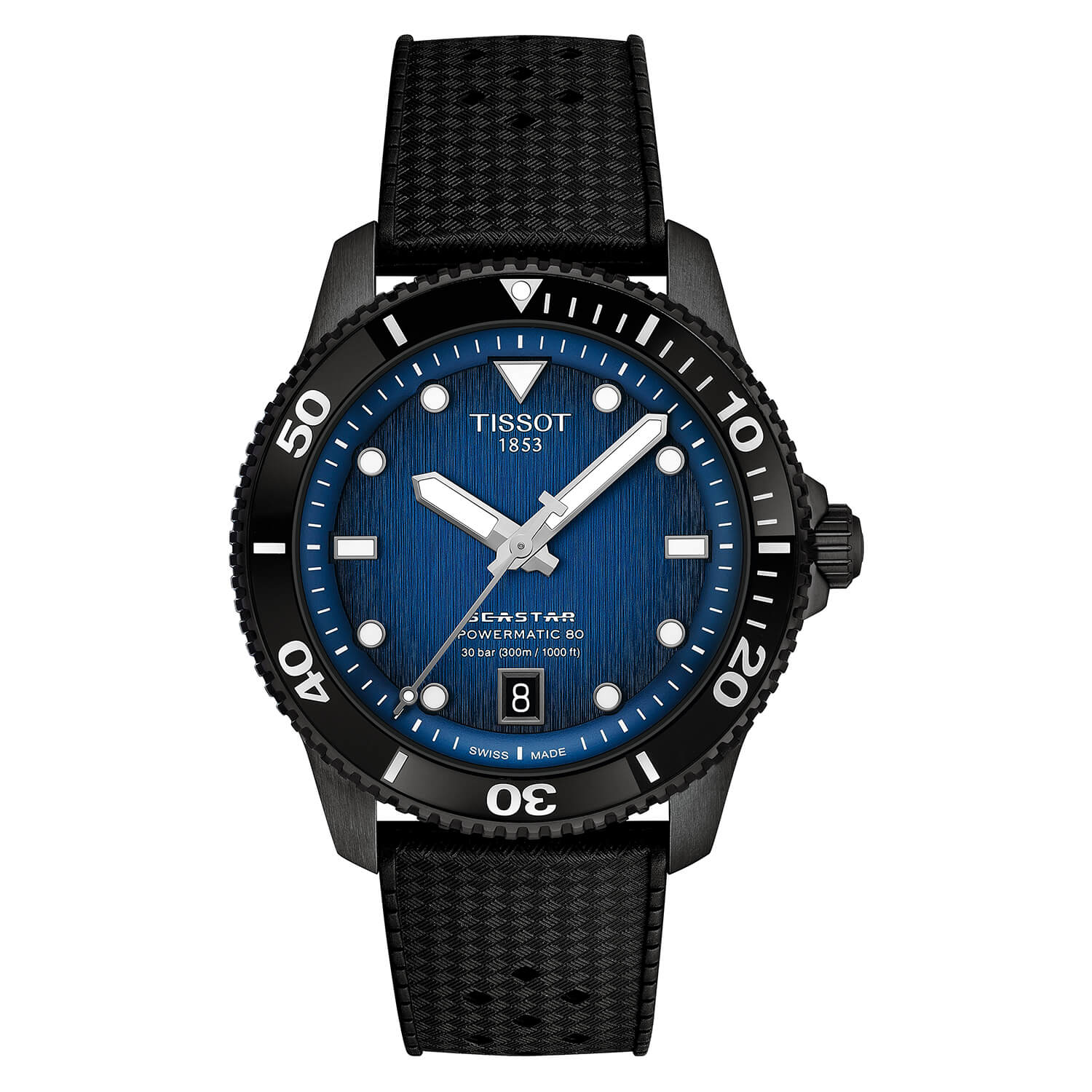 Photos - Wrist Watch TISSOT Seastar Powermatic 80 40mm Blue Dial Black Bezel Rubber Strap Watch 